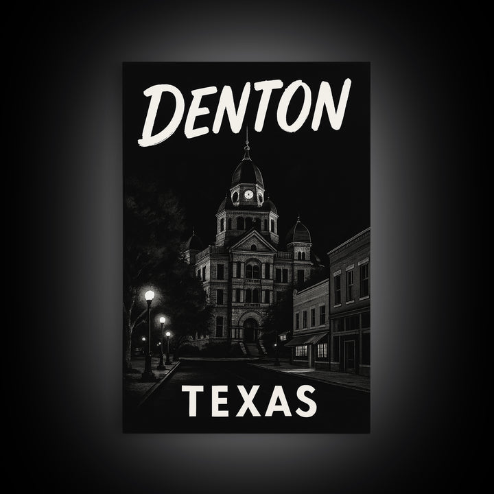 Denton Travel Poster, Framed Canvas Print, Dark Moody City Wall Art, Denton Poster Print, Gift For Travelers, Vintage Travel Art