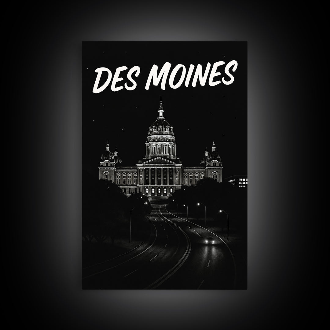 Des Moines Travel Poster, Canvas Print, Black And White Travel Art, Des Moines Wall Art, Travel Art Print, Gift For Travelers, Design 2