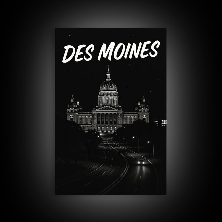 Des Moines Travel Poster, Canvas Print, Black And White Travel Art, Des Moines Wall Art, Travel Art Print, Gift For Travelers, Design 2