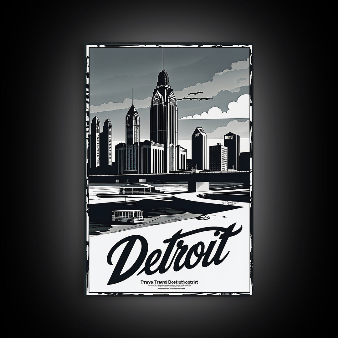 Detroit Travel Poster, Canvas Print, Dark Moody City Wall Art, Detroit Travel Art, Home Office Decor, Modern Wall Decor, Gift For Travelers