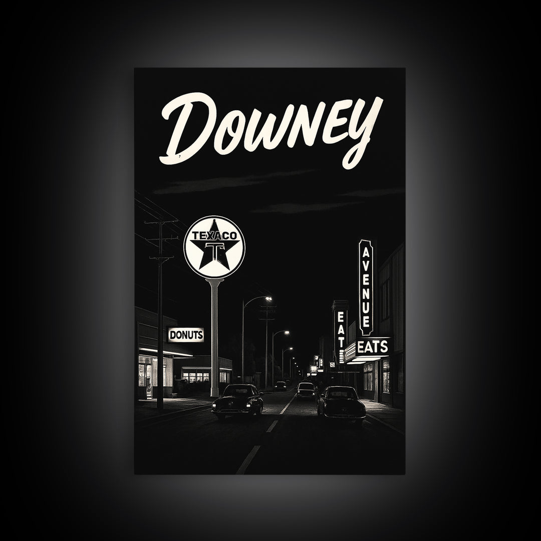 Downey Travel Poster, Canvas Print, Dark Moody City Wall Art, Downey Art Print, Travel Wall Decor, Travel Art Print, City Art Print