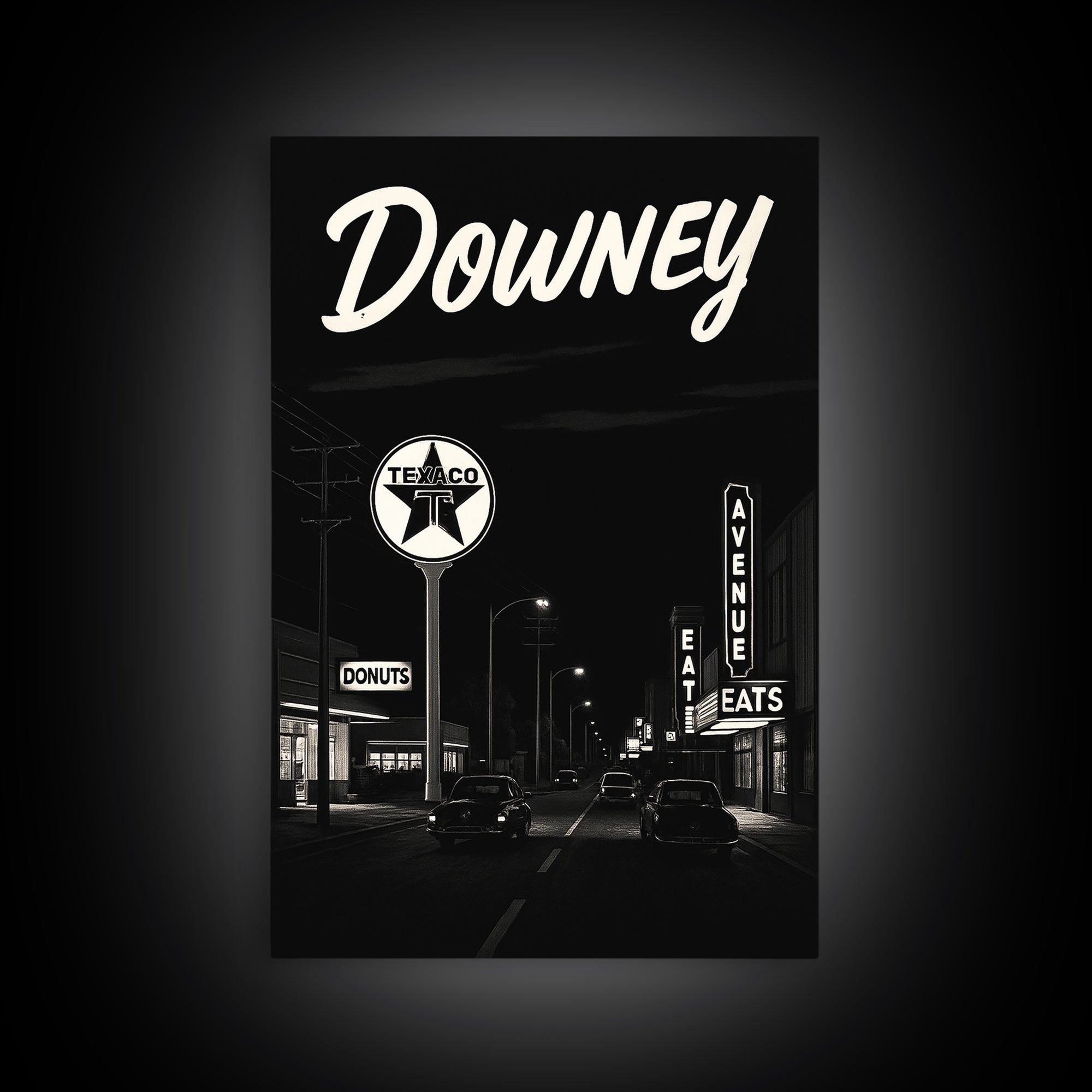 Downey Travel Poster, Canvas Print, Dark Moody City Wall Art, Downey Art Print, Travel Wall Decor, Travel Art Print, City Art Print