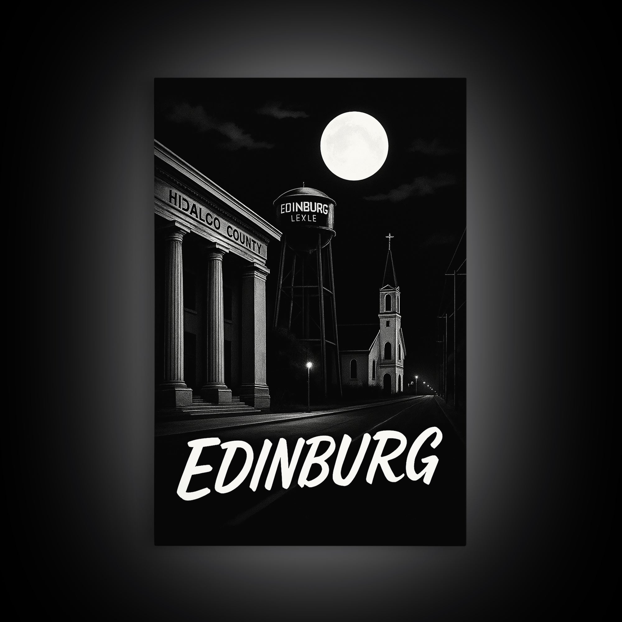 Edinburg Texas Travel Poster, Canvas Print, Black And White Travel Art, Edinburg Travel Art, Fine Art Print, Travel Art, City Art Print