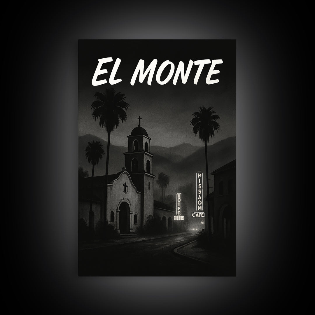 El Monte California Travel Poster, Canvas Print, Dark Moody City Wall Art, El Monte Travel Art, Wall Decor, Office Decor, Wanderlust Decor