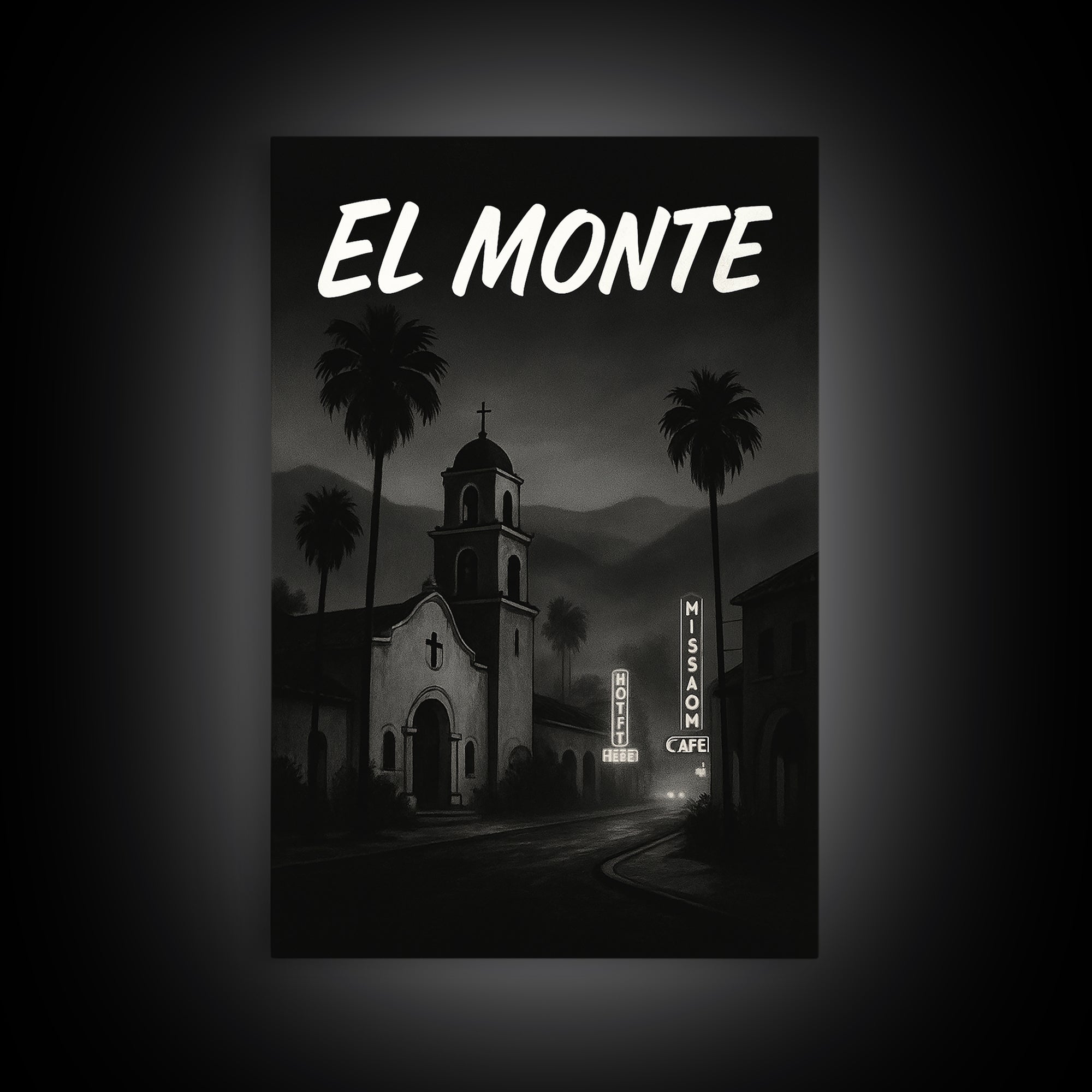 El Monte California Travel Poster, Canvas Print, Dark Moody City Wall Art, El Monte Travel Art, Wall Decor, Office Decor, Wanderlust Decor