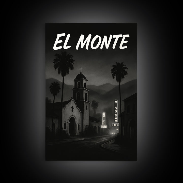 El Monte California Travel Poster, Canvas Print, Dark Moody City Wall Art, El Monte Travel Art, Wall Decor, Office Decor, Wanderlust Decor