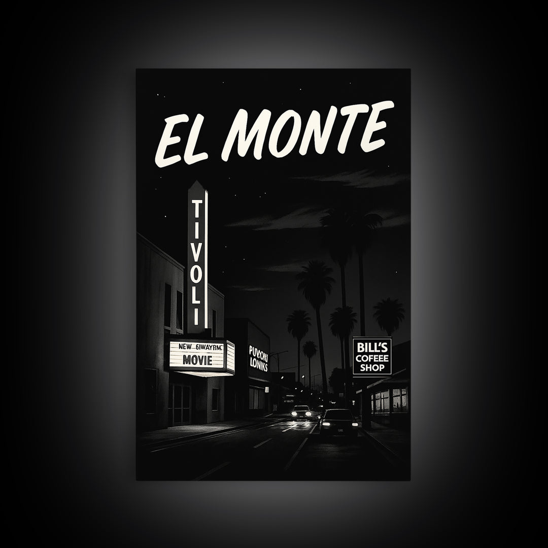 El Monte Travel Poster, Framed Canvas Print, Vintage Noir Poster Art, El Monte Wall Art, Vintage City Art, Retro Travel Print, Design 2