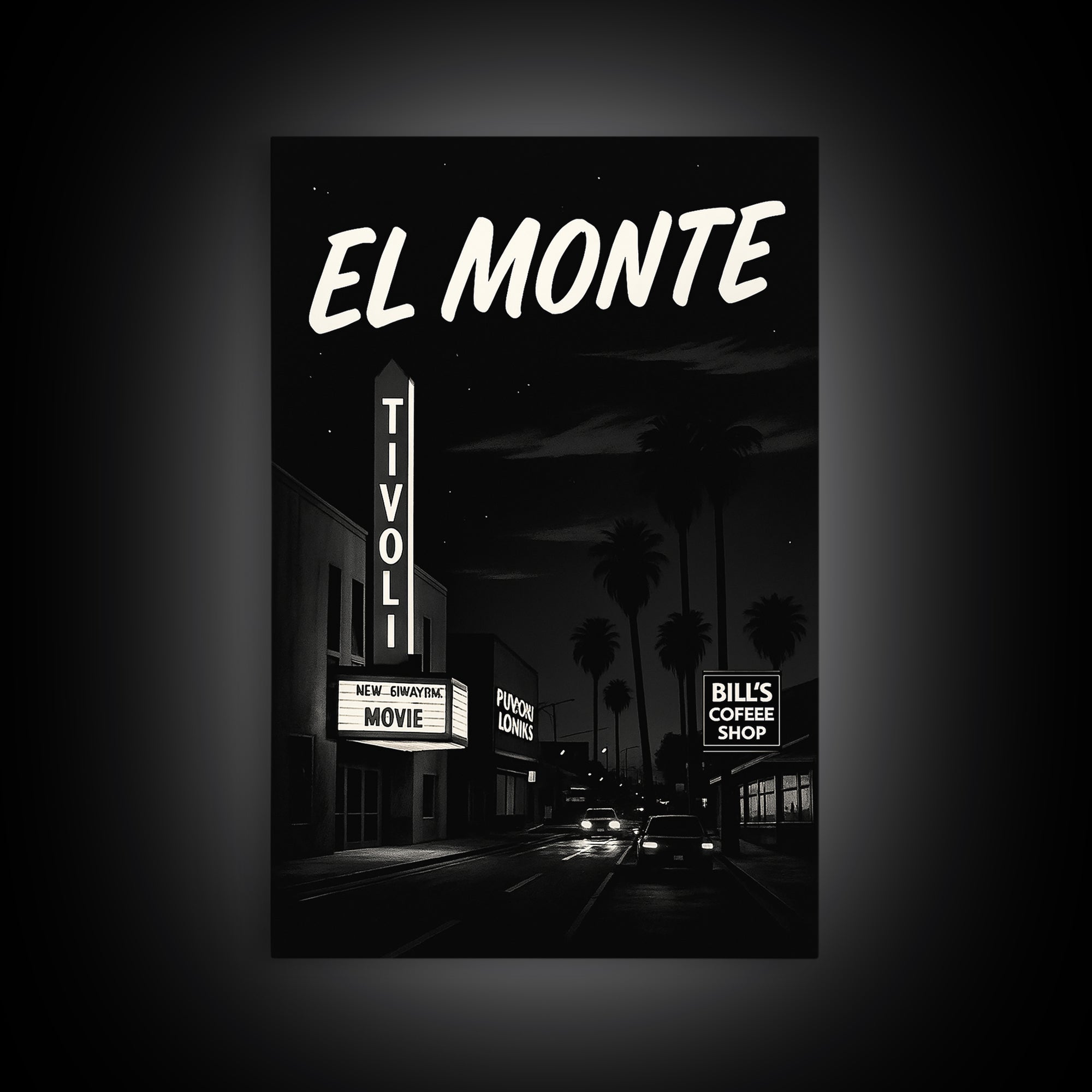 El Monte Travel Poster, Framed Canvas Print, Vintage Noir Poster Art, El Monte Wall Art, Vintage City Art, Retro Travel Print, Design 2