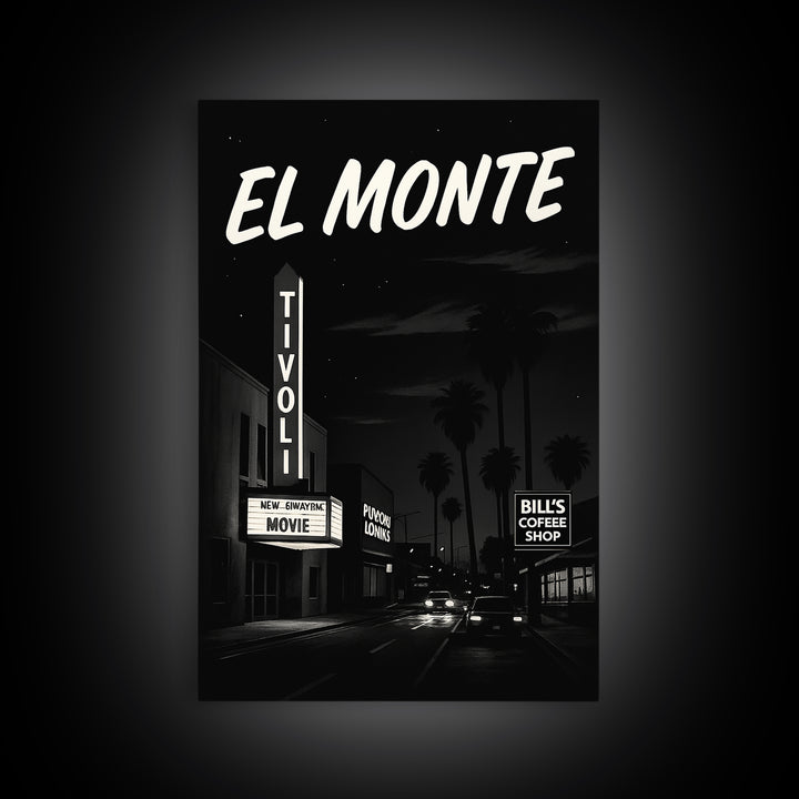 El Monte Travel Poster, Framed Canvas Print, Vintage Noir Poster Art, El Monte Wall Art, Vintage City Art, Retro Travel Print, Design 2