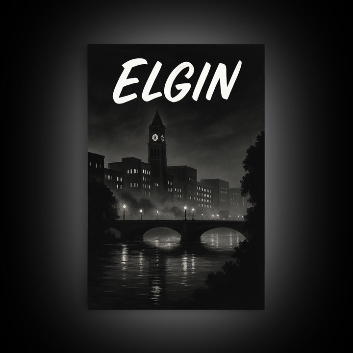 Elgin Illinois Travel Poster, Canvas Print, Dark Moody City Wall Art, Elgin City Art, Travel Poster Art, Wall Art, Travel Wall Decor