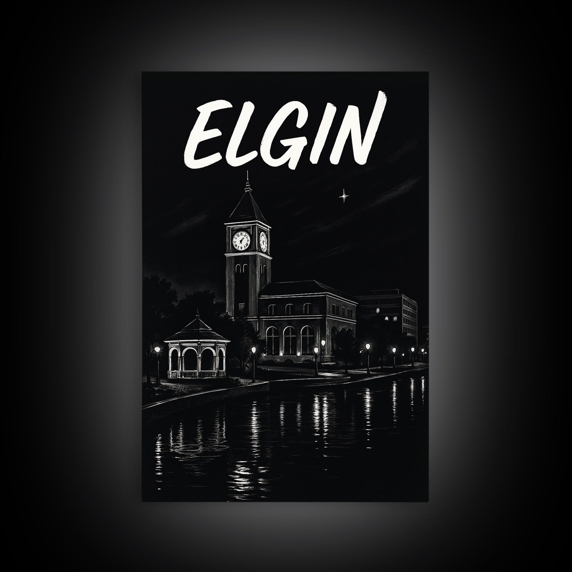 Elgin Travel Poster, Framed Canvas Print, Dark Moody City Wall Art, Elgin City Art, Travel Art Print, Gift For Travelers, Travel Poster Set