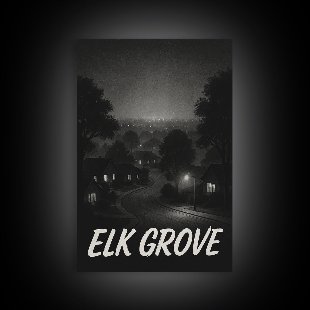 Elk Grove California Travel Poster, Canvas Print, Dark Moody City Wall Art, Elk Grove Art Print, Art Print, Travel Poster Set