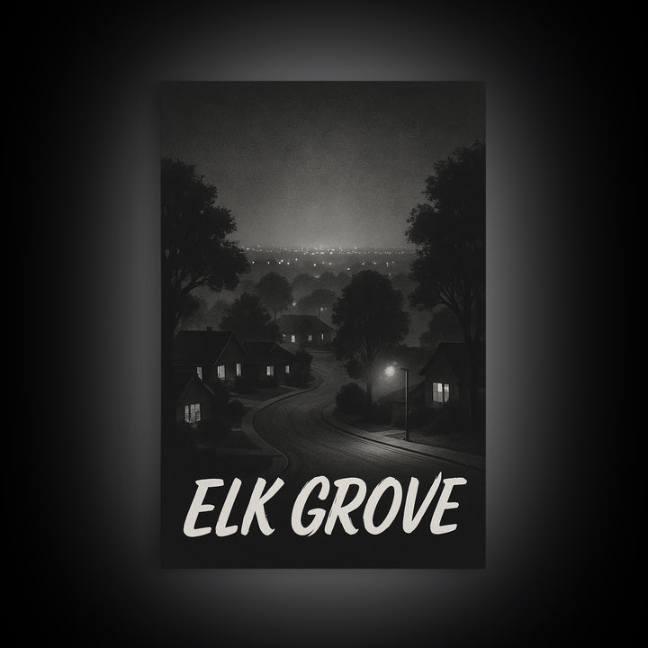Elk Grove California Travel Poster, Canvas Print, Dark Moody City Wall Art, Elk Grove Art Print, Art Print, Travel Poster Set