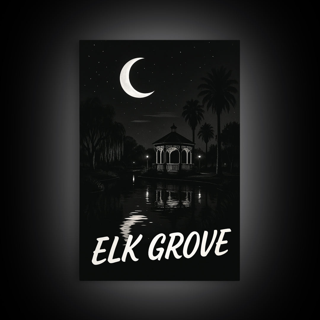 Elk Grove Travel Poster, Canvas Print, Dark Moody City Wall Art, Elk Grove Art Print, Wanderlust Decor, City Art Print, Travel Art Print