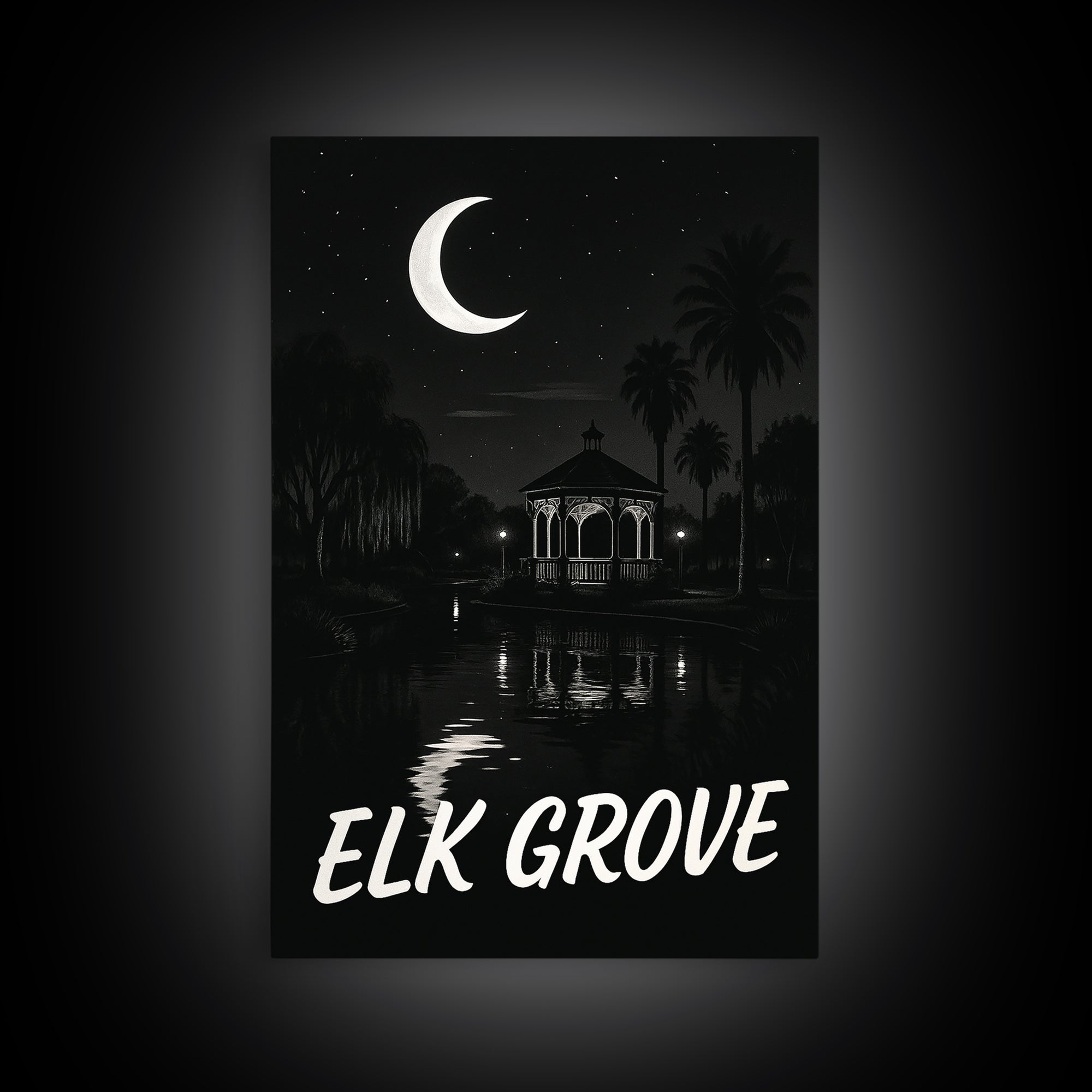 Elk Grove Travel Poster, Canvas Print, Dark Moody City Wall Art, Elk Grove Art Print, Wanderlust Decor, City Art Print, Travel Art Print