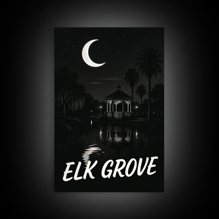 Elk Grove Travel Poster, Canvas Print, Dark Moody City Wall Art, Elk Grove Art Print, Wanderlust Decor, City Art Print, Travel Art Print