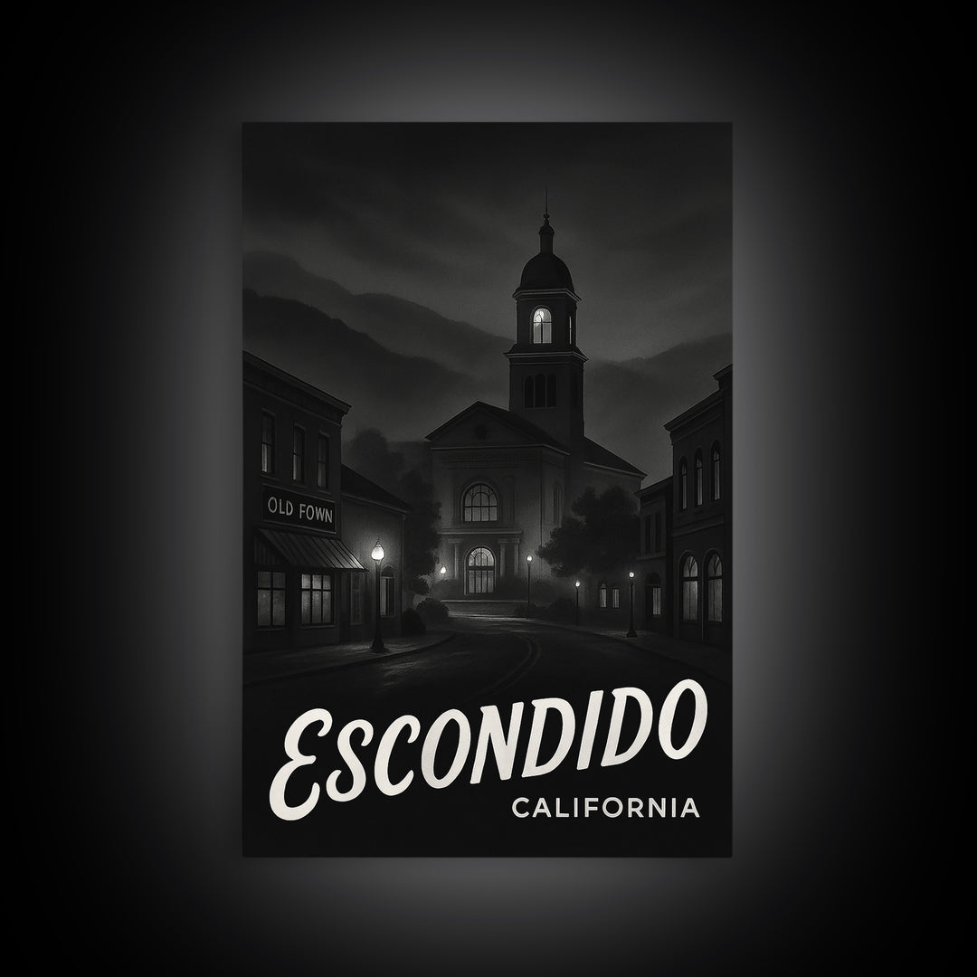Escondido California Travel Poster, Canvas Print, Dark Moody City Wall Art, Escondido Art Print, Watercolor Urban Skyline, Travel Print