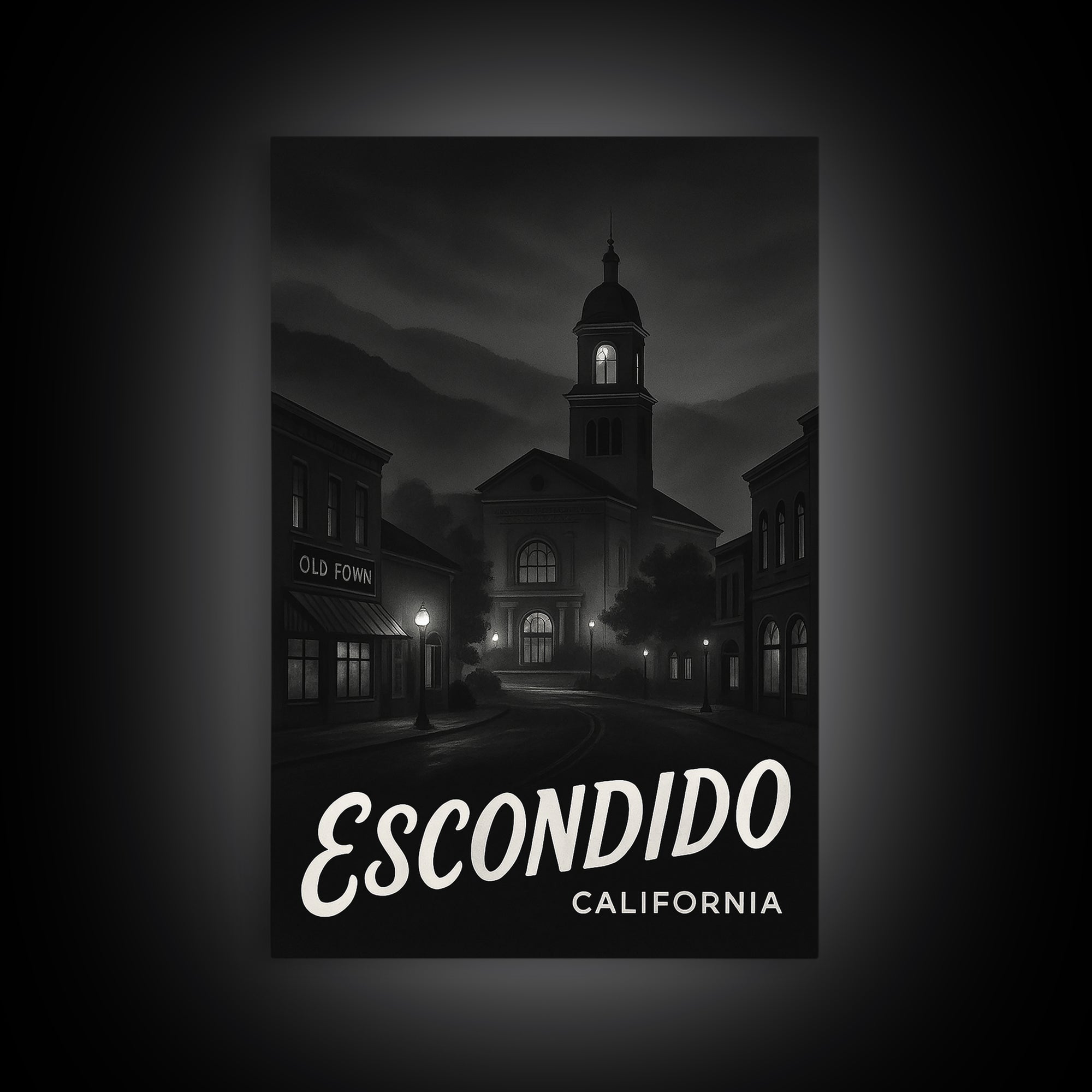 Escondido California Travel Poster, Canvas Print, Dark Moody City Wall Art, Escondido Art Print, Watercolor Urban Skyline, Travel Print