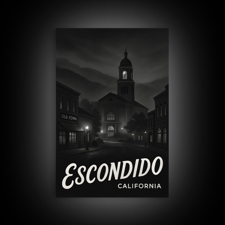Escondido California Travel Poster, Canvas Print, Dark Moody City Wall Art, Escondido Art Print, Watercolor Urban Skyline, Travel Print