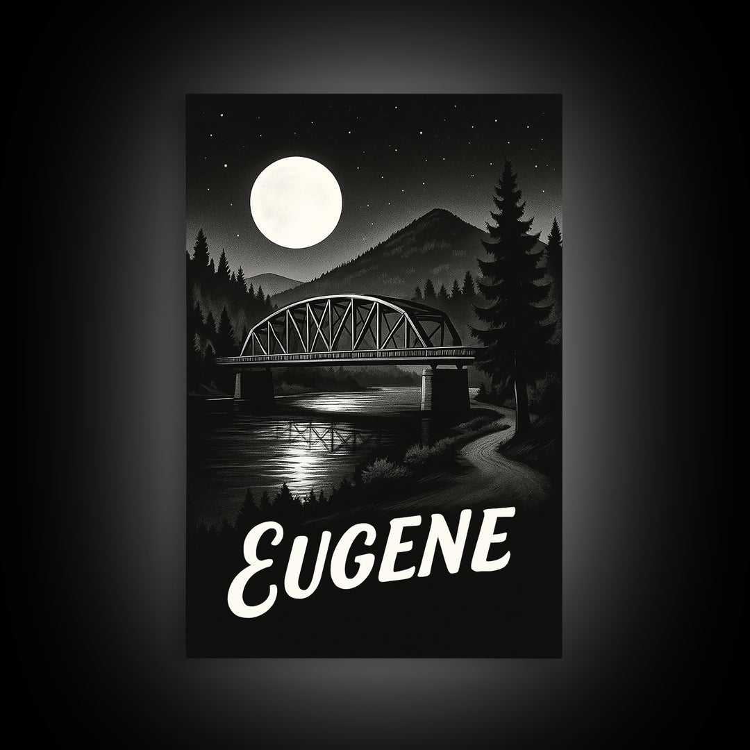 Eugene Travel Poster, Framed Canvas Print, Night Street Poster Art, Eugene Art Print, Retro Travel Print, Fine Art Print, Travel Poster Art