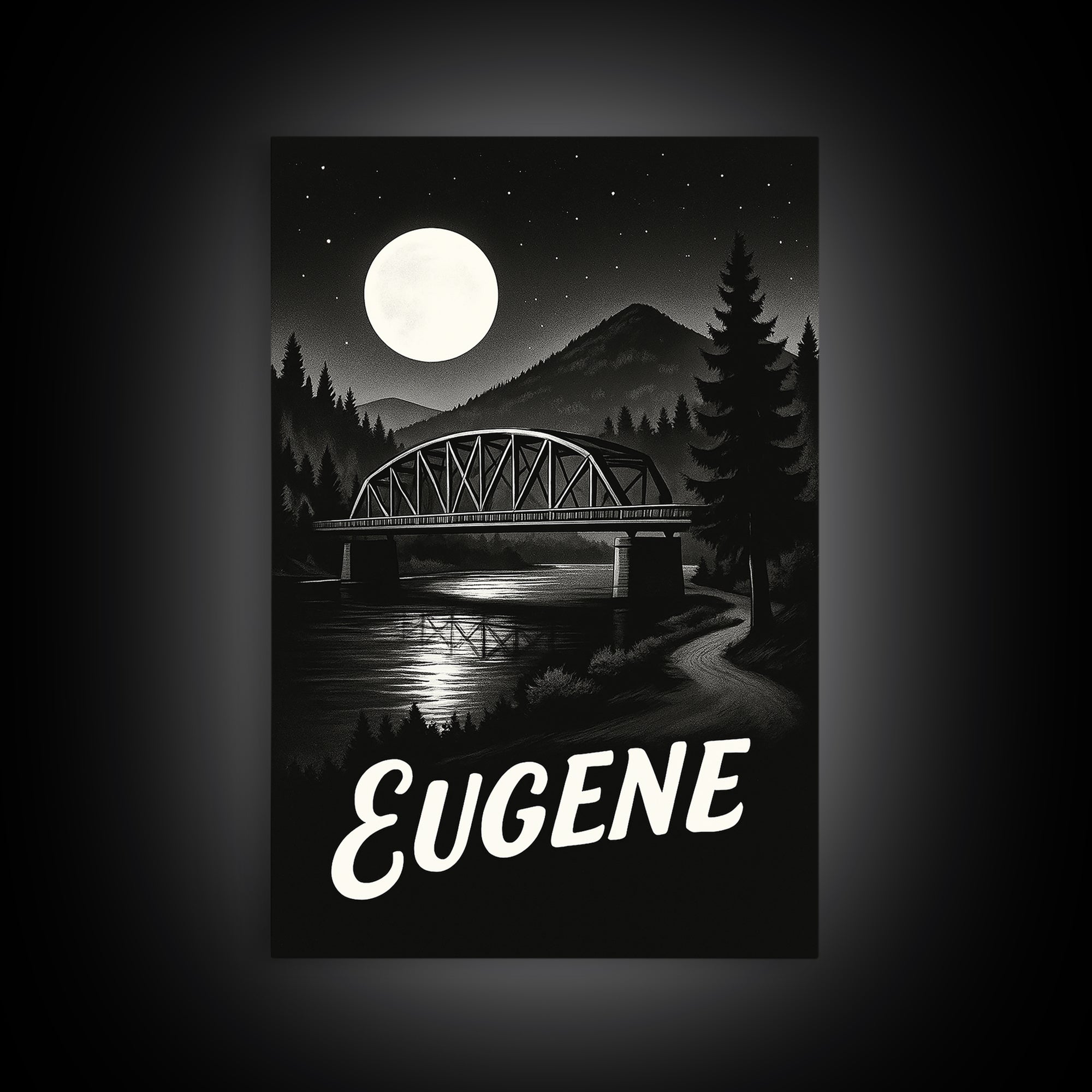 Eugene Travel Poster, Framed Canvas Print, Night Street Poster Art, Eugene Art Print, Retro Travel Print, Fine Art Print, Travel Poster Art
