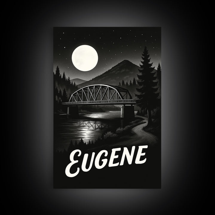 Eugene Travel Poster, Framed Canvas Print, Night Street Poster Art, Eugene Art Print, Retro Travel Print, Fine Art Print, Travel Poster Art