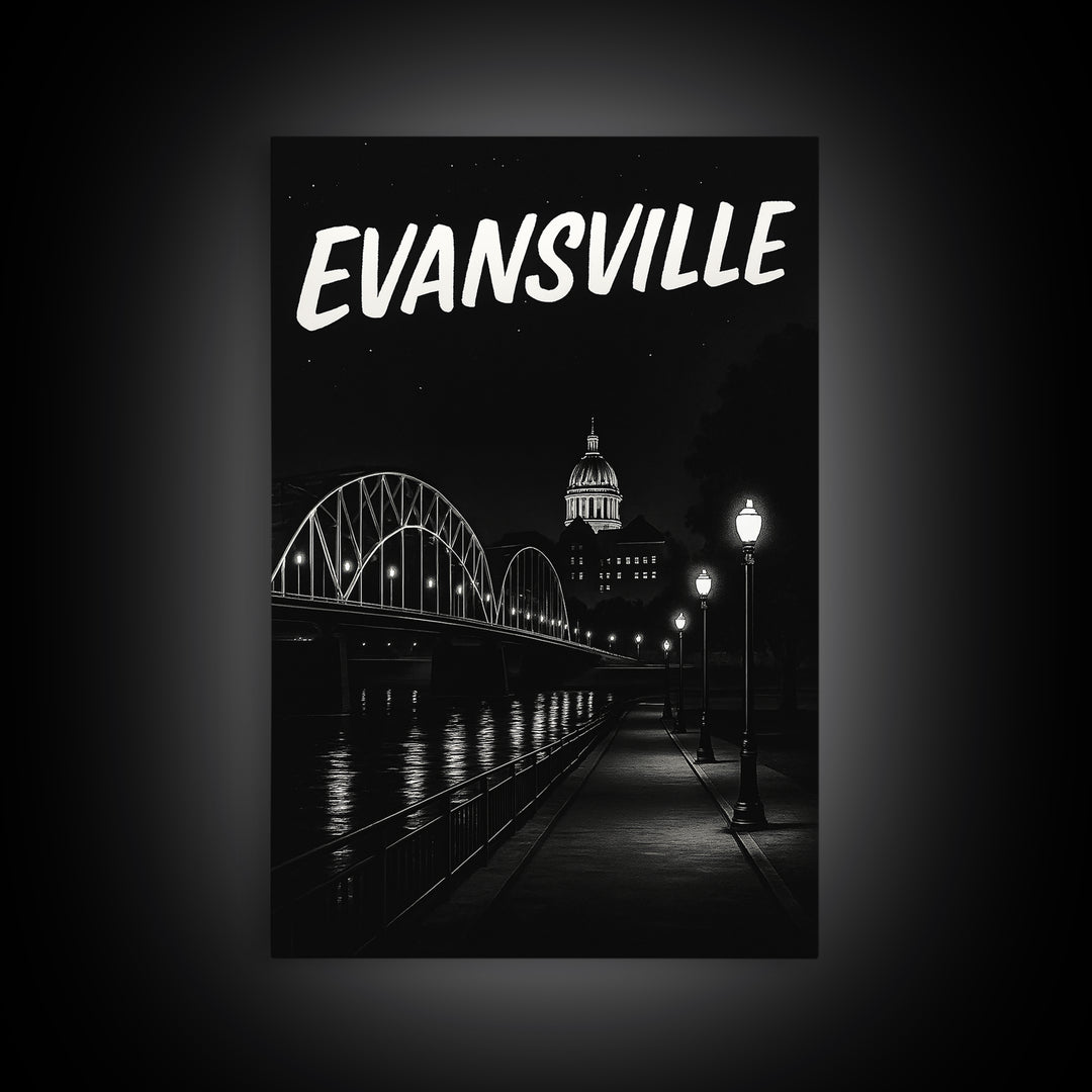 Evansville Travel Poster, Canvas Print, Black And White Travel Art, Evansville Travel Art, Home Office Decor, City Illustration