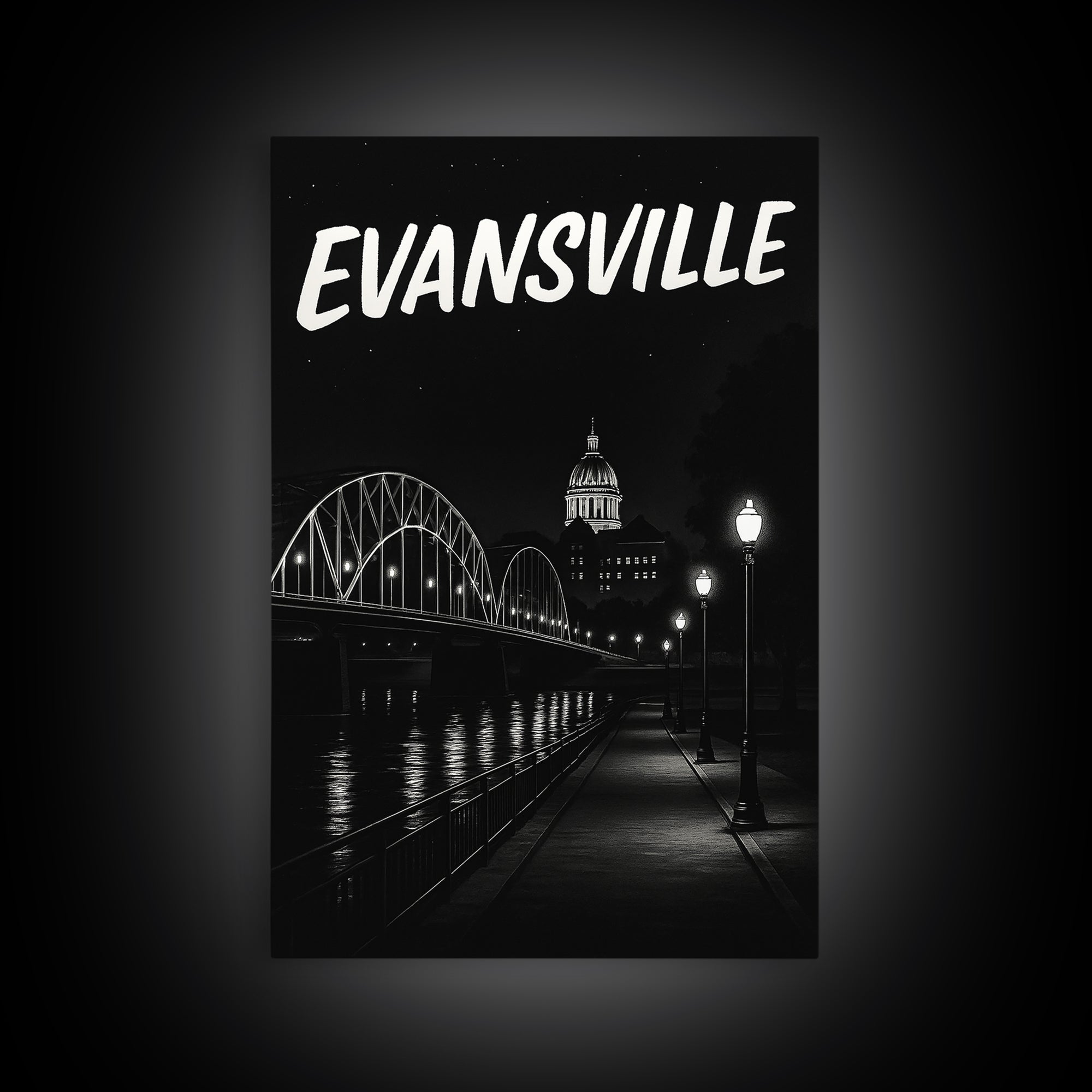 Evansville Travel Poster, Canvas Print, Black And White Travel Art, Evansville Travel Art, Home Office Decor, City Illustration