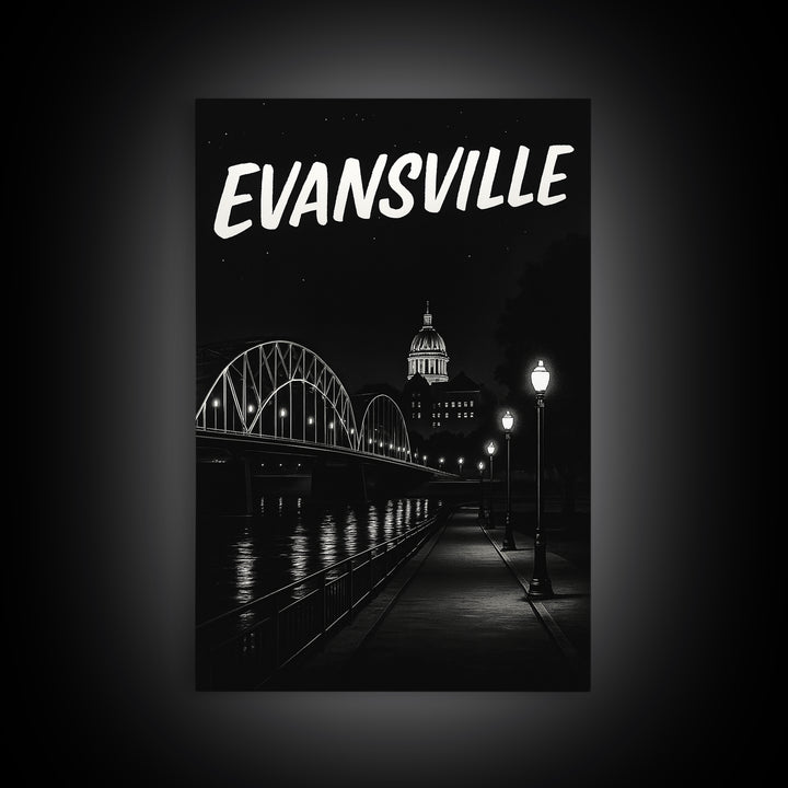 Evansville Travel Poster, Canvas Print, Black And White Travel Art, Evansville Travel Art, Home Office Decor, City Illustration