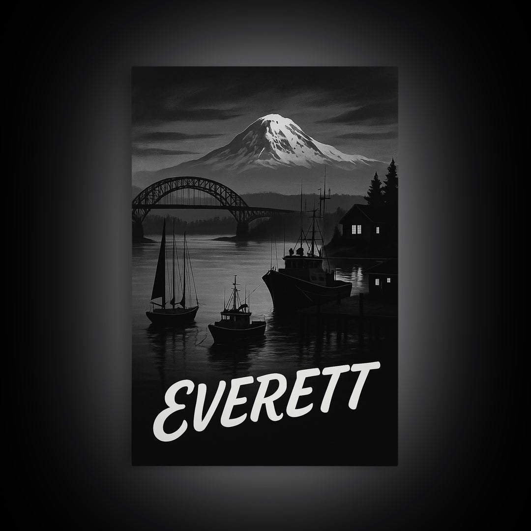 Everett Washington Travel Poster, Canvas Print, Black And White Travel Art, Everett Art Print, Vintage City Art, Wall Art, Poster Print