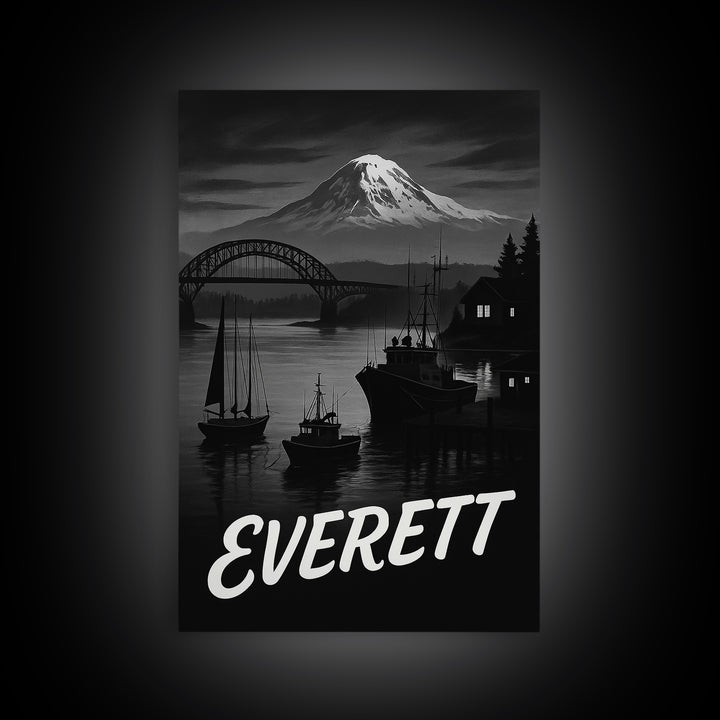 Everett Washington Travel Poster, Canvas Print, Black And White Travel Art, Everett Art Print, Vintage City Art, Wall Art, Poster Print