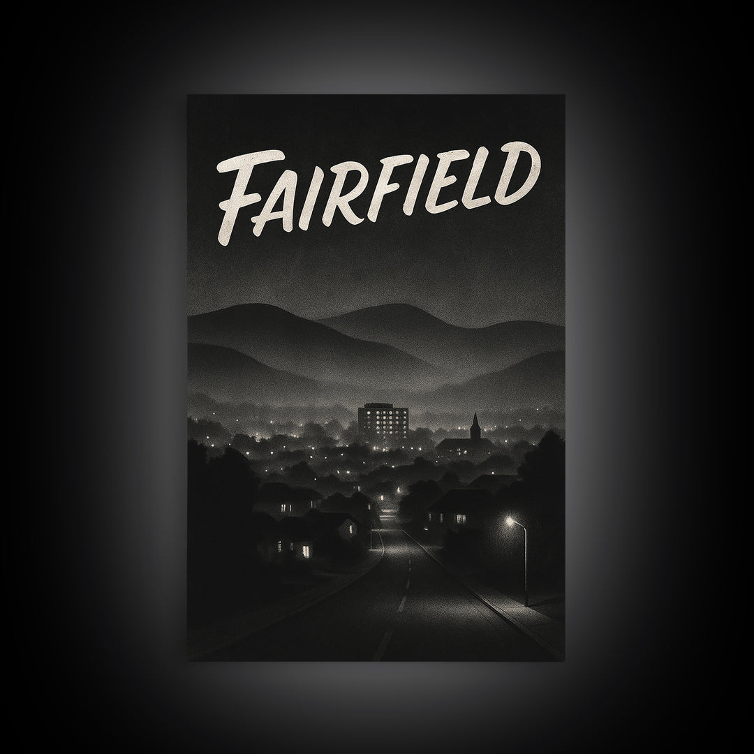 Fairfield California Travel Poster, Canvas Print, Black And White Travel Art, Fairfield Art Print, Living Room Wall Art, City Illustration