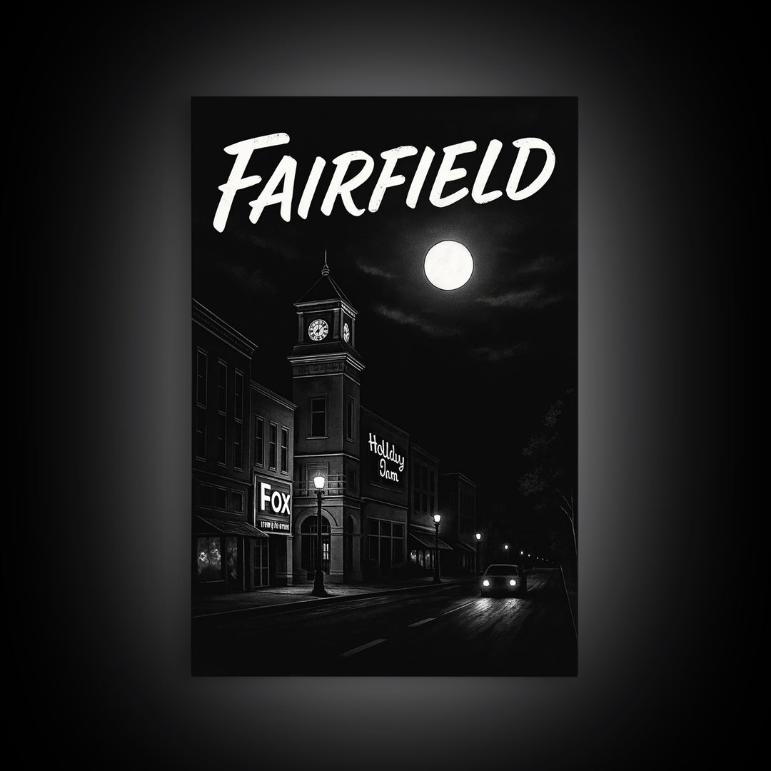 Fairfield Travel Poster, Canvas Print, Vintage Noir Poster Art, Fairfield Wall Art, Fine Art Print, Travel Poster Art, Mid Century Wall Art