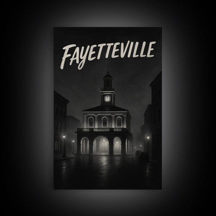 Fayeteville Travel Poster, Framed Canvas Print, Night Street Poster Art, Fayeteville Art Print, City Travel Prints, Vintage City Art