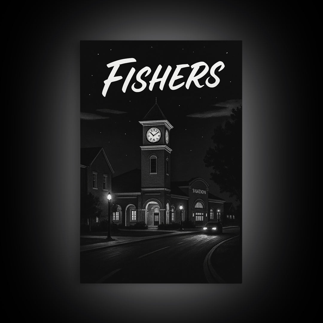 Fishers Travel Poster, Canvas Print, Night Street Poster Art, Fishers City Art, Mid Century Wall Art, Travel Wall Decor, Travel Wall Art