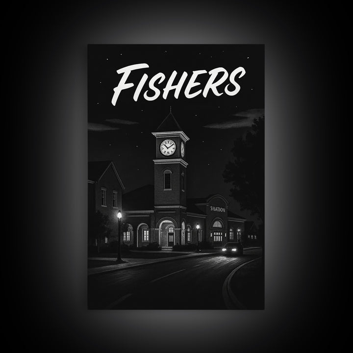 Fishers Travel Poster, Canvas Print, Night Street Poster Art, Fishers City Art, Mid Century Wall Art, Travel Wall Decor, Travel Wall Art