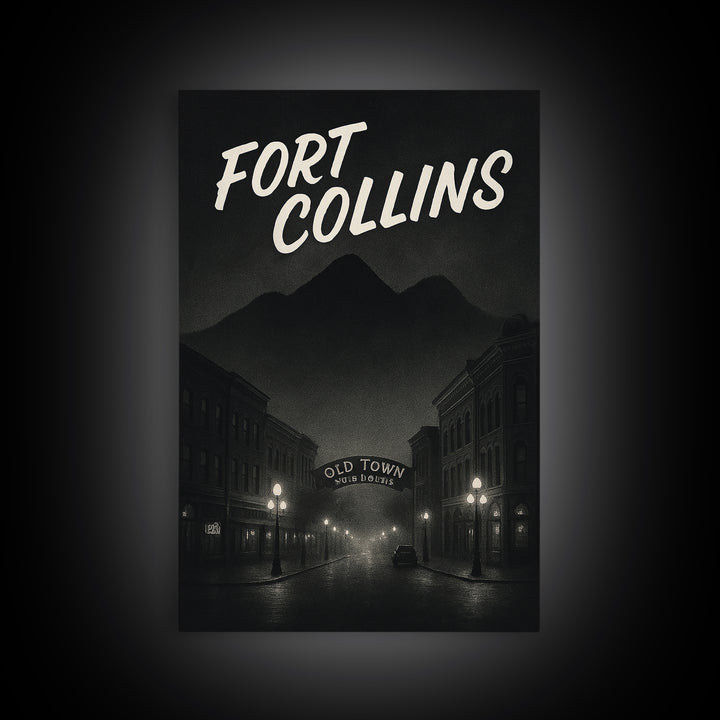 Fort Collins Colorado Travel Poster, Canvas Print, Dark Moody City Wall Art, Fort Collins Travel Art, Travel Wall Art, Travel Art Print