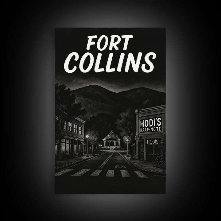 Fort Collins Travel Poster, Framed Canvas Print, Dark Moody City Wall Art, Fort Collins Travel Art, Mid Century Wall Art, Travel Art Print