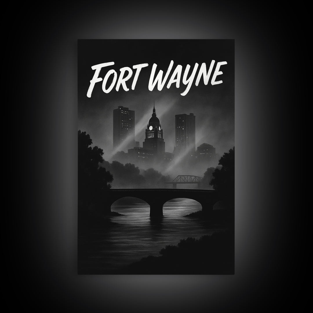 Fort Wayne Indiana Travel Poster, Canvas Print, Night Street Poster Art, Fort Wayne Wall Art, Retro Travel Print, Watercolor Urban Skyline