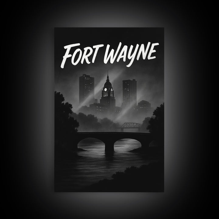 Fort Wayne Indiana Travel Poster, Canvas Print, Night Street Poster Art, Fort Wayne Wall Art, Retro Travel Print, Watercolor Urban Skyline