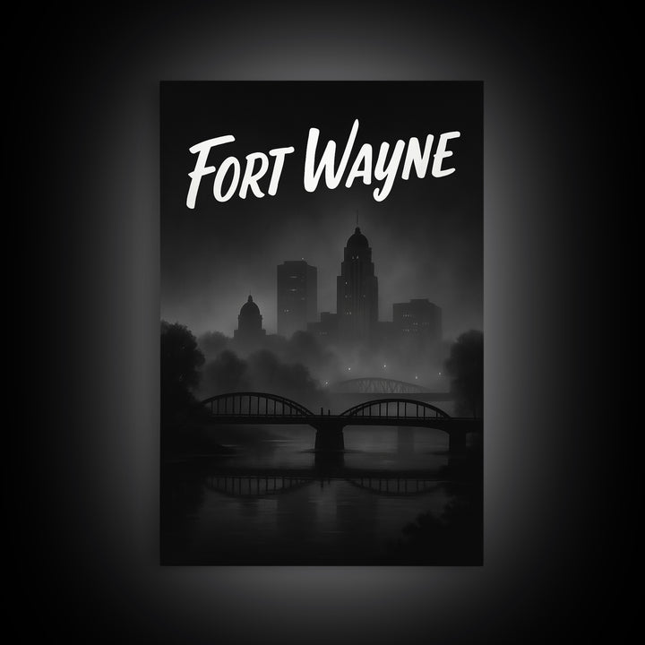 Fort Wayne Travel Poster, Canvas Print, Night Street Poster Art, Fort Wayne Wall Art, City Illustration, Living Room Wall Art, Design 2