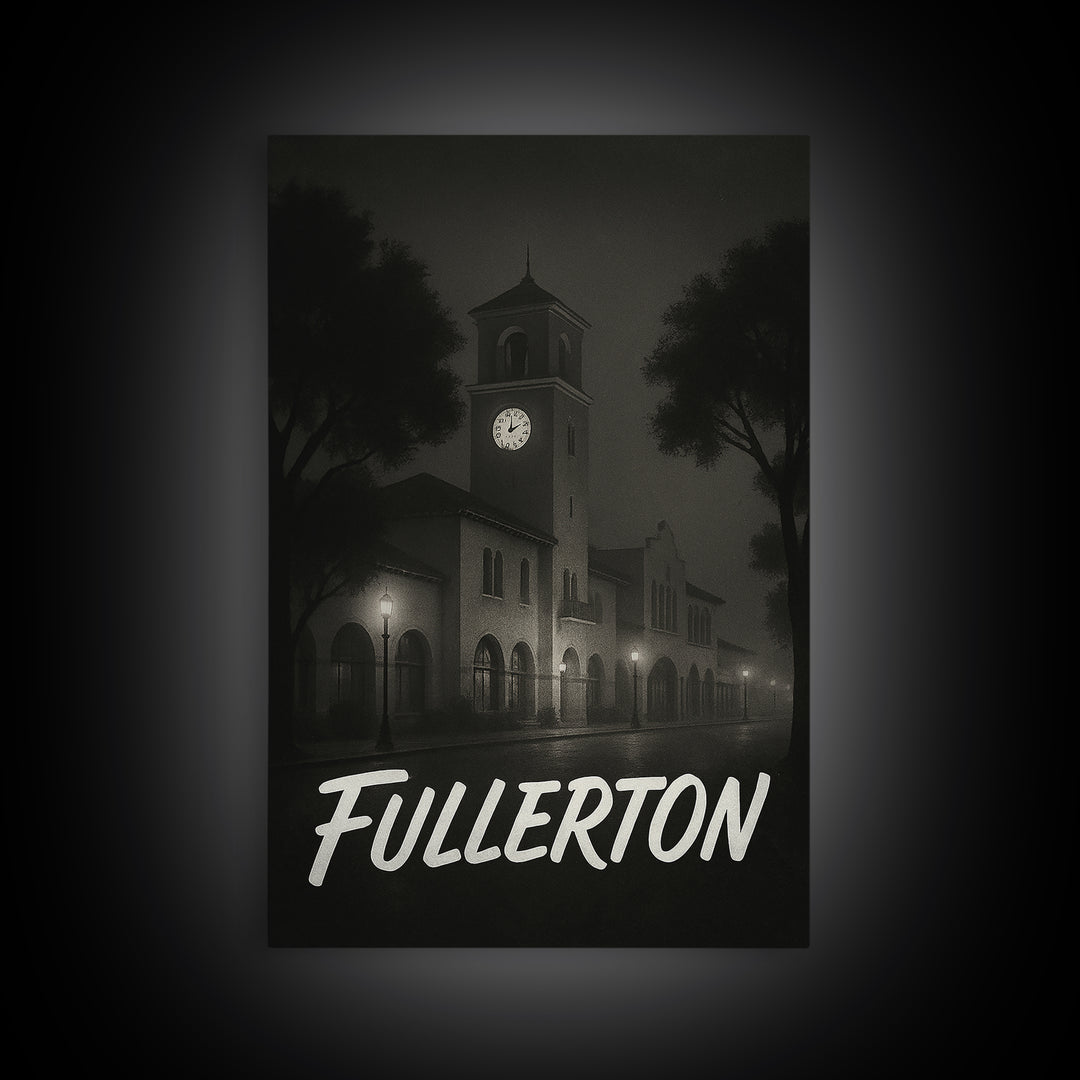 Fullerton Travel Poster, Framed Canvas Print, Dark Moody City Wall Art, Fullerton Wall Art, Eclectic Wall Decor, Modern Wall Decor