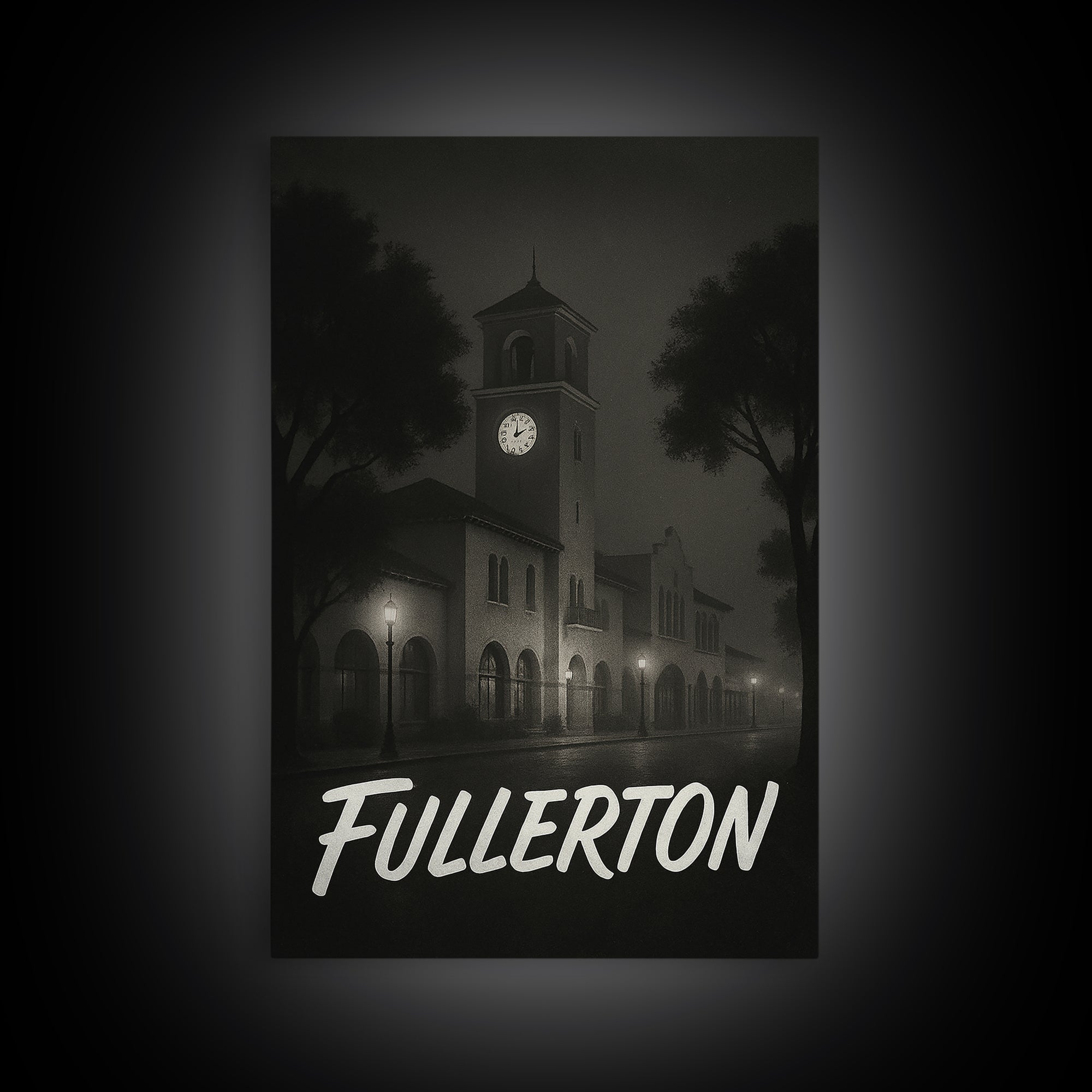 Fullerton Travel Poster, Framed Canvas Print, Dark Moody City Wall Art, Fullerton Wall Art, Eclectic Wall Decor, Modern Wall Decor