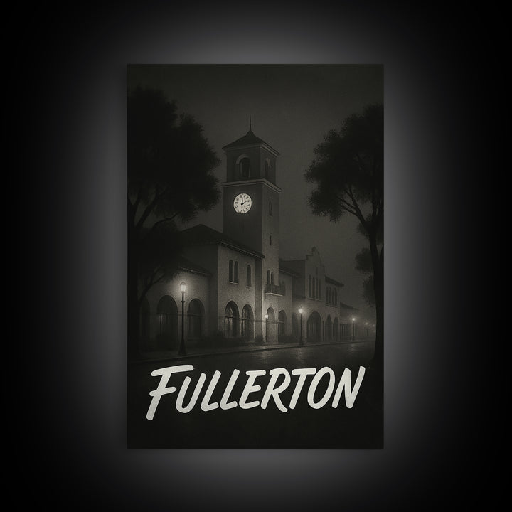 Fullerton Travel Poster, Framed Canvas Print, Dark Moody City Wall Art, Fullerton Wall Art, Eclectic Wall Decor, Modern Wall Decor