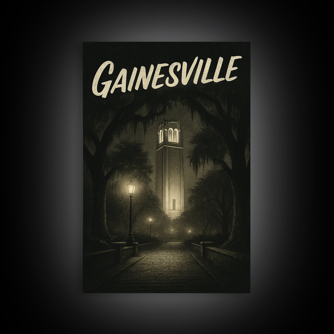 Gainesville Florida Travel Poster, Canvas Print, Dark Moody City Wall Art, Gainesville Wall Art, Vintage City Poster, Travel Poster Set
