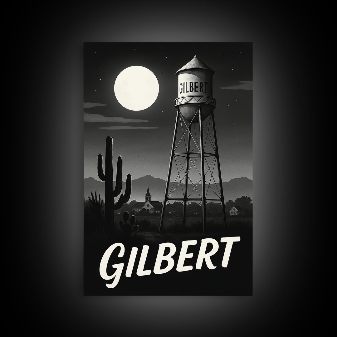 Gilbert Travel Poster, Canvas Print, Night Street Poster Art, Gilbert Travel Art, Eclectic Wall Decor, Fine Art Print, Wanderlust Decor
