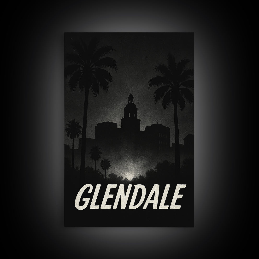 Glendale Travel Poster, Framed Canvas Print, Night Street Poster Art, Glendale Poster Print, Watercolor Skyline, City Illustration
