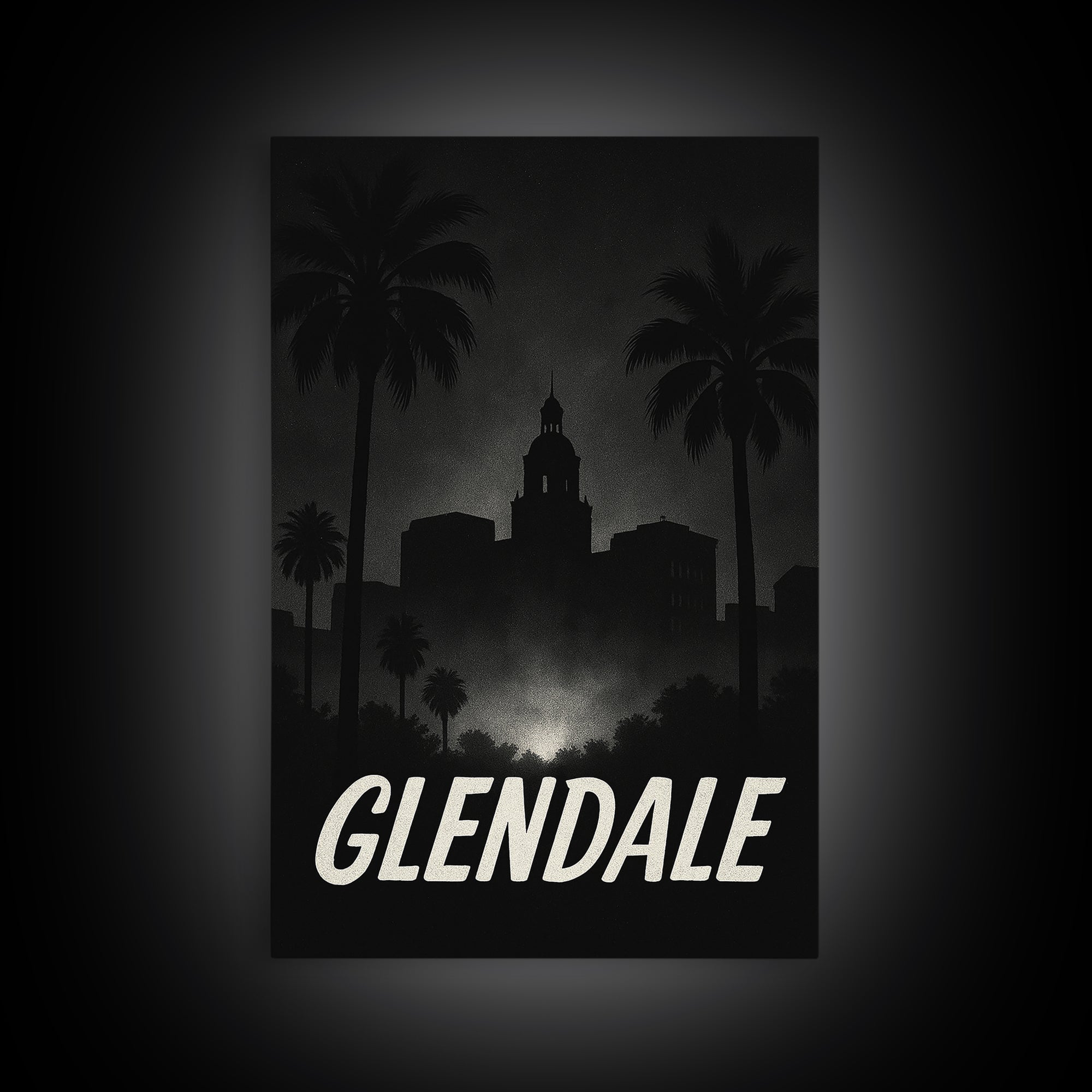 Glendale Travel Poster, Framed Canvas Print, Night Street Poster Art, Glendale Poster Print, Watercolor Skyline, City Illustration