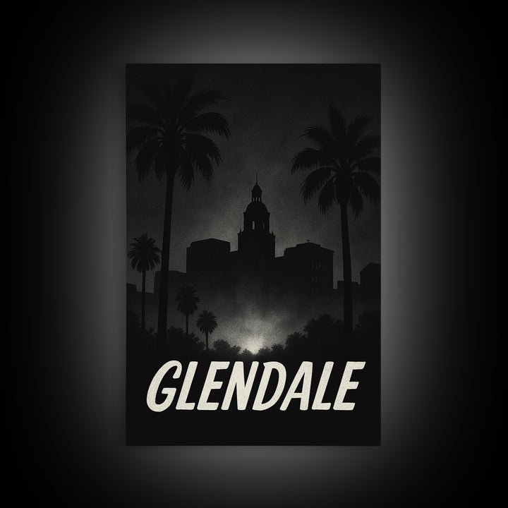 Glendale Travel Poster, Framed Canvas Print, Night Street Poster Art, Glendale Poster Print, Watercolor Skyline, City Illustration
