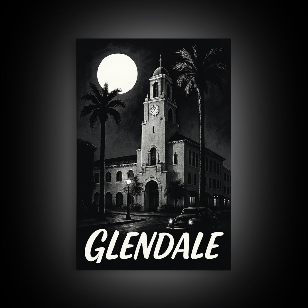 Glendale Travel Poster, Framed Canvas Print, Night Street Poster Art, Glendale City Art, Wanderlust Decor, Travel Wall Decor, Design 4